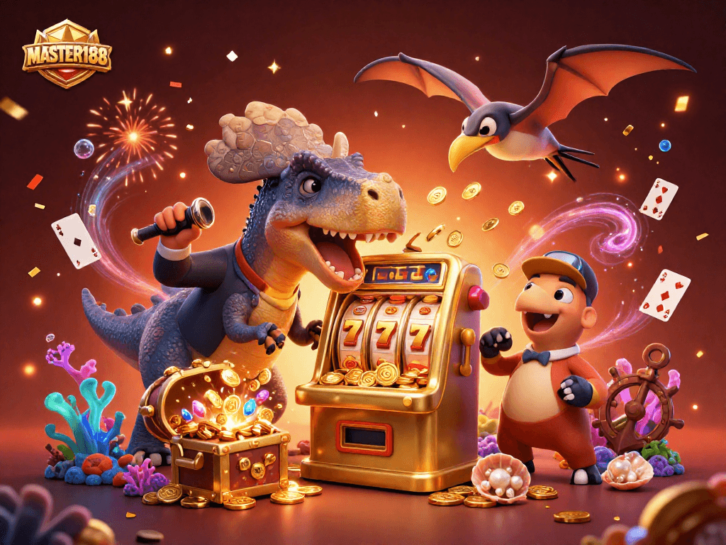 Experience the excitement with MASTER188 as a dinosaur headbutts a jackpot slot machine amidst a vibrant casino!
