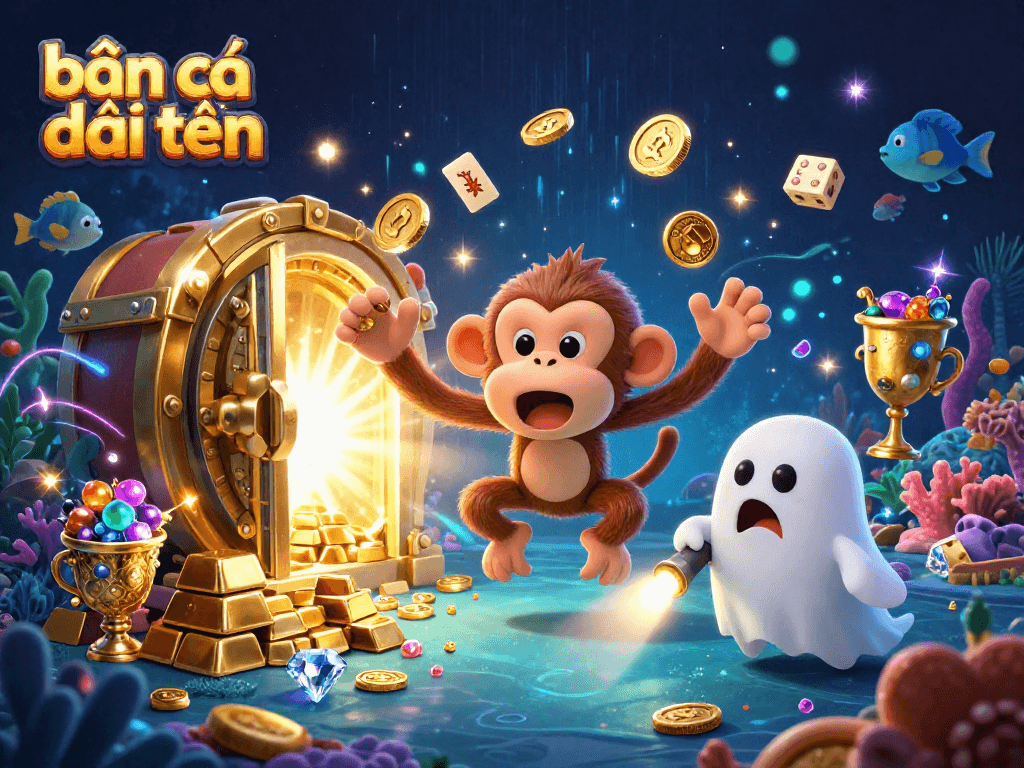 Bắn cá đổi thưởng underwater adventure with a mischievous monkey juggling gold, surrounded by vibrant sea creatures and treasure.