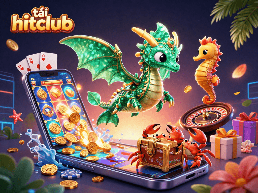 Experience the excitement by tải hitclub with a dynamic illustration featuring a dragon, treasure, and casino elements.
