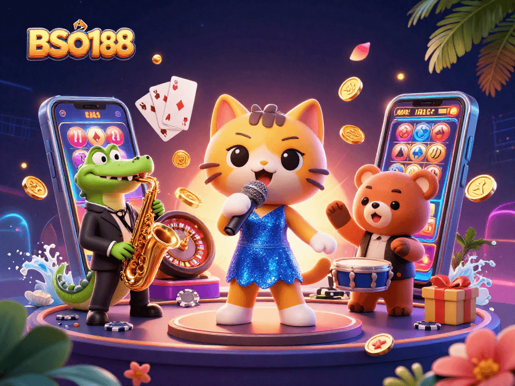 Experience BSO188 action with cartoon characters performing amidst vibrant casino elements.