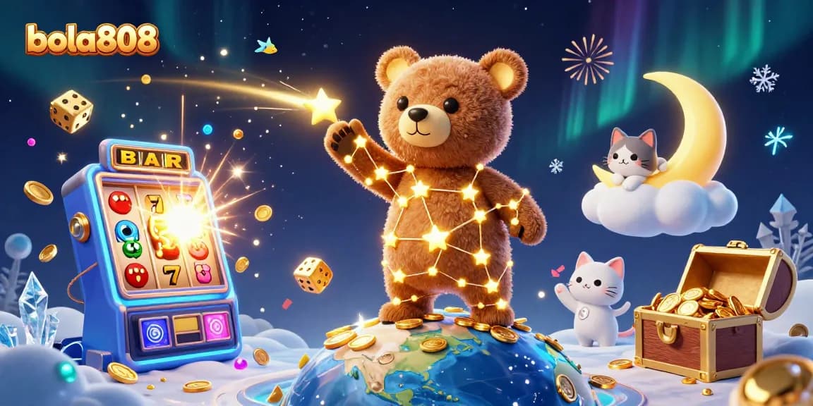 Bola808 online betting scene featuring a starry bear and gold coins amidst a jackpot explosion