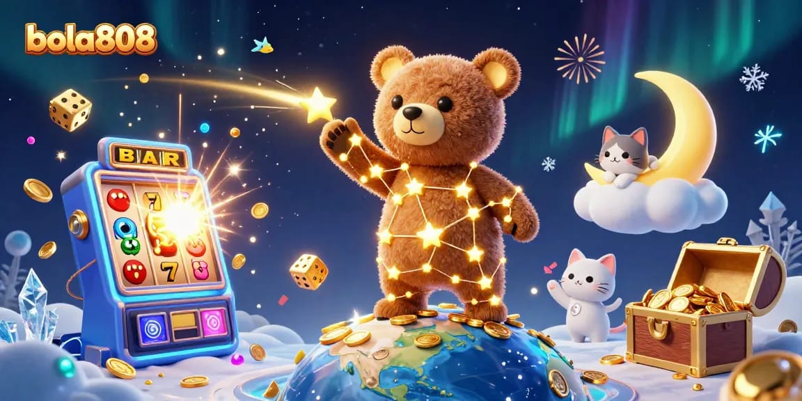 Bola808 online betting scene featuring a starry bear and gold coins amidst a jackpot explosion