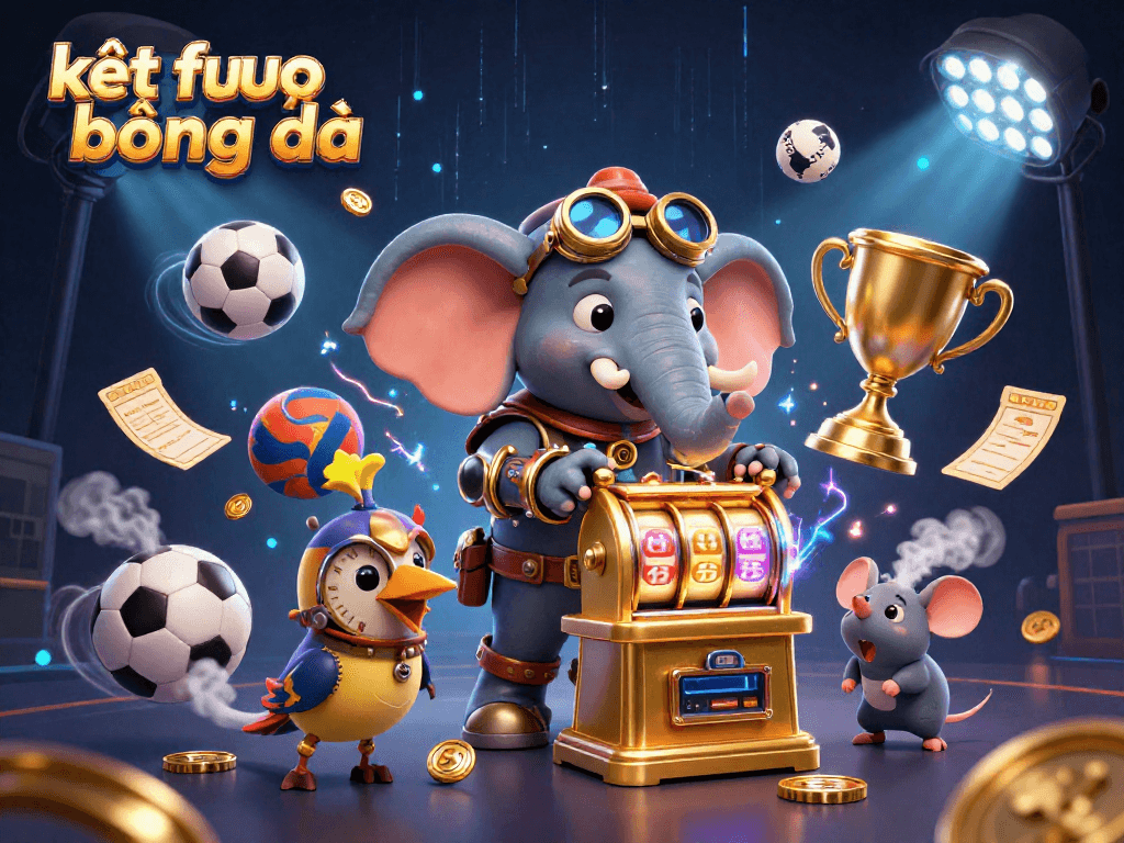 Experience thrilling kết quả bóng đá as the steampunk elephant spins a golden slot machine amidst vibrant sports elements.