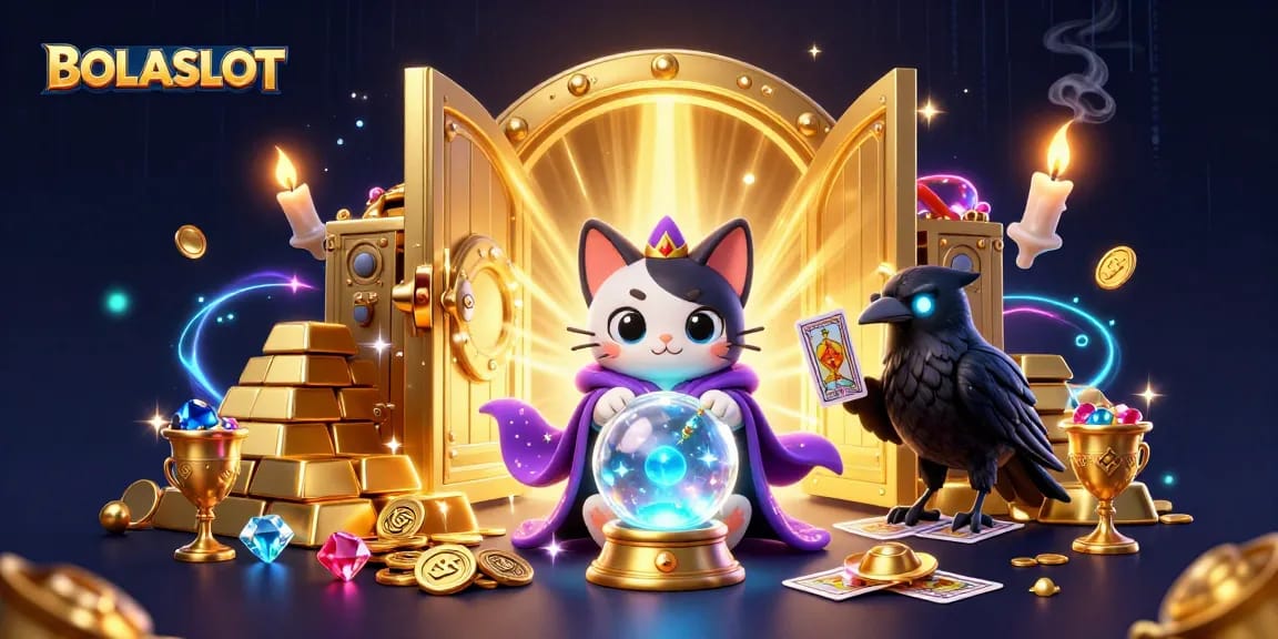 BOLASLOT reveals winning strategies with cartoon fortune teller cat, glowing raven, and treasure in a magical casino scene.