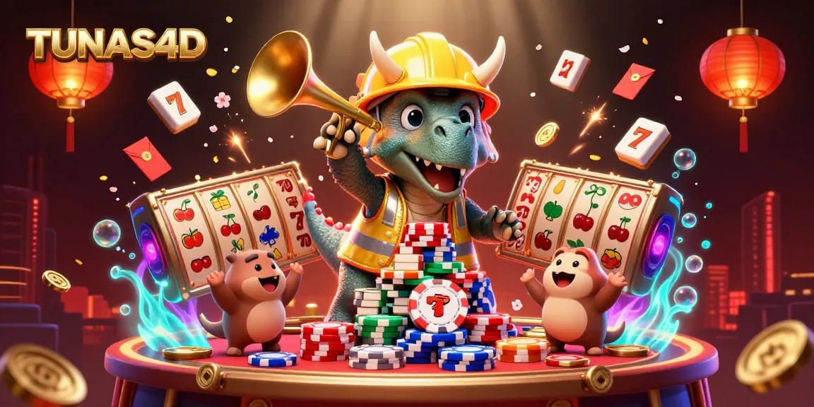 Engage with TUNAS4D through an exhilarating scene of lively characters celebrating a casino game setup.