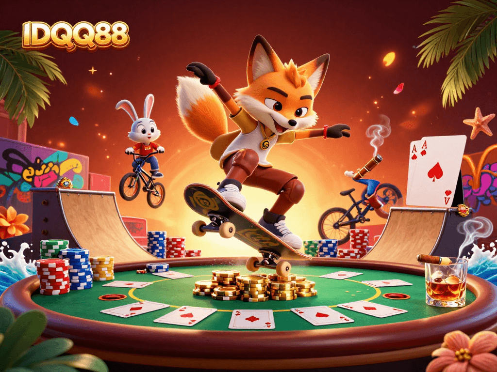 Experience thrilling gameplay at IDQQ88 with vibrant casino characters performing tricks amidst poker elements.